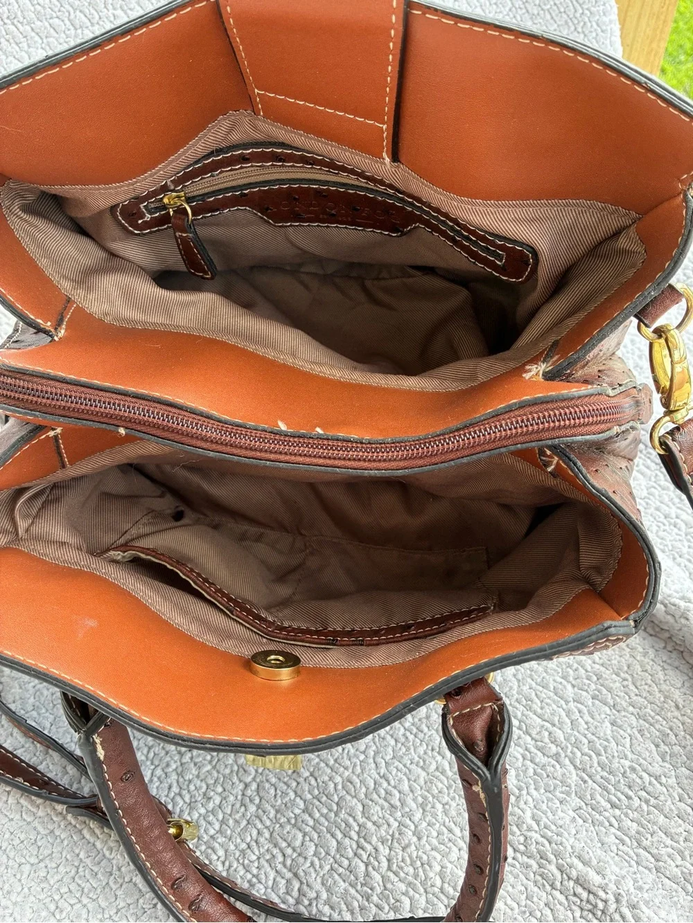 Brown Ostrich-Texture Satchel with Gold Lock Detail